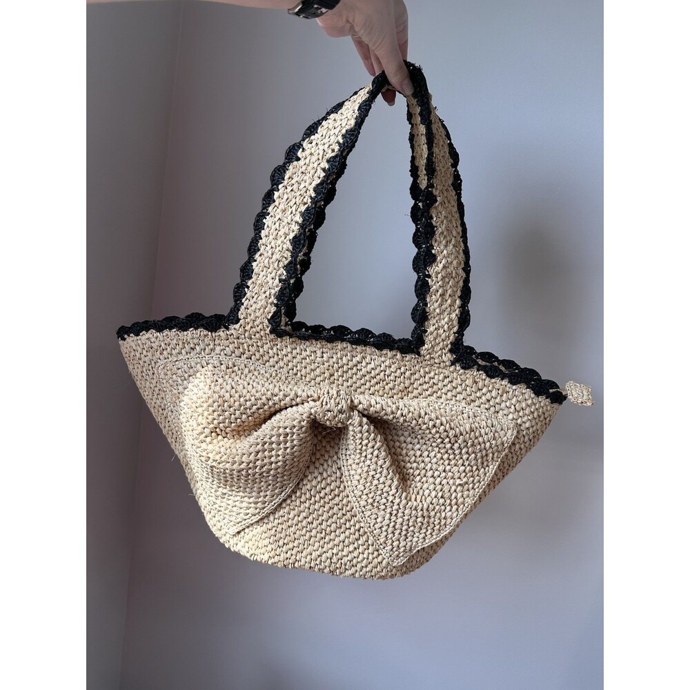 Kate Spade Target Raffia Bow Tote Bag Natural Straw Zip Top Black Scallop Trim